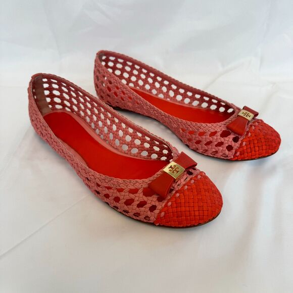 Tory Burch Shoes - Tory Burch Pink and Orange Leather Woven Carlyle Ballerina Flats Size 8.5